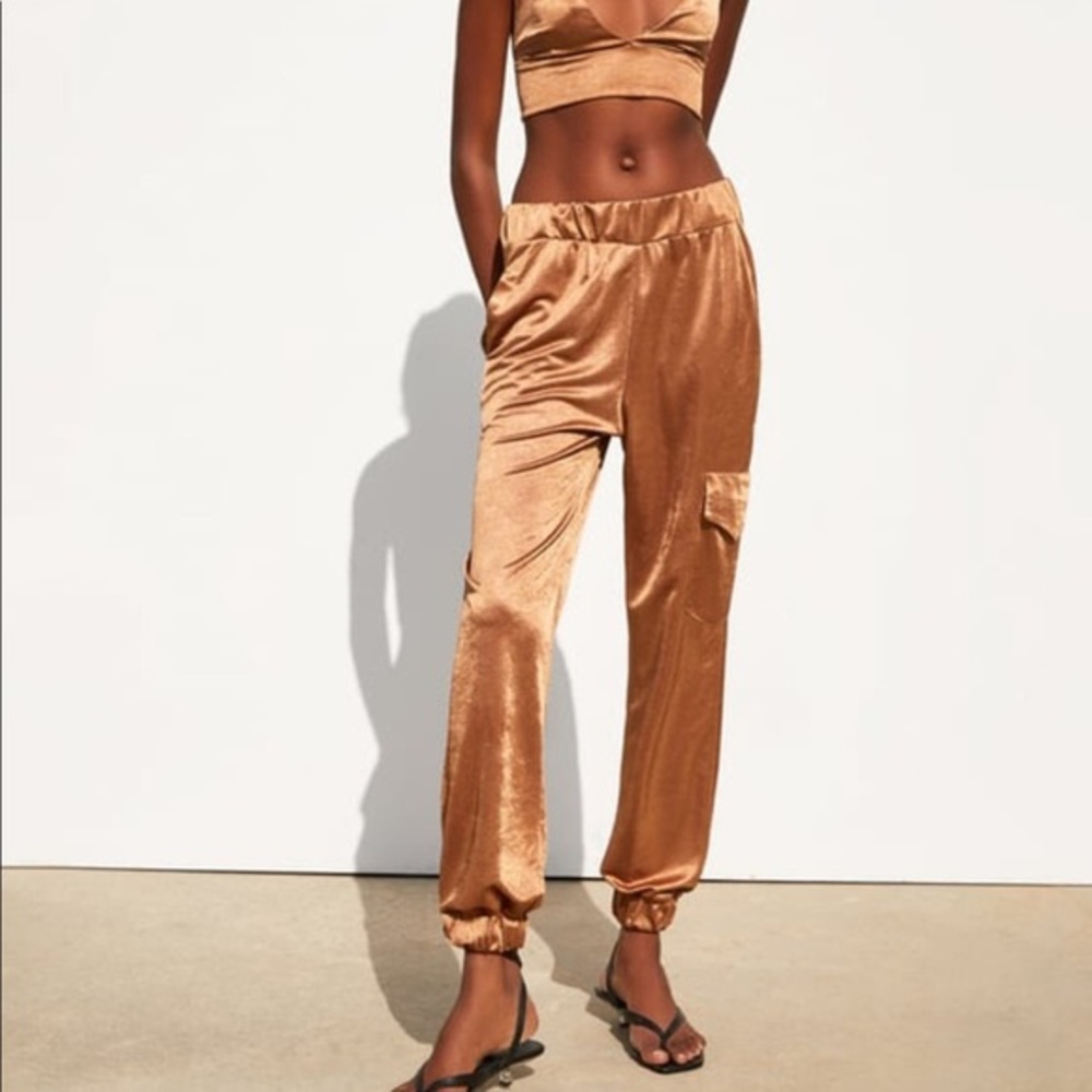 Zara Satin Cargo Jogger Pants